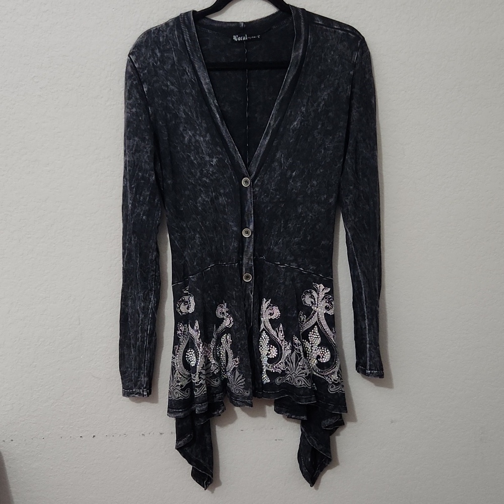 Vocal Black Washed Cardigan with White Paisley Hem